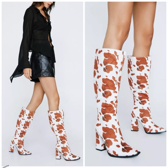 ‘ Nasty Gal ’ Cow Print Knee High Heeled Boots - Picture 7 of 7